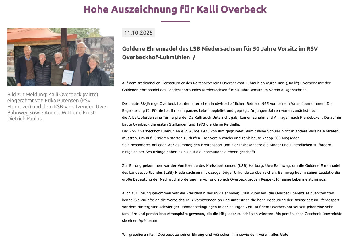 Ehrung für Kalli Overbeck Ehrung für Kalli Overbeck